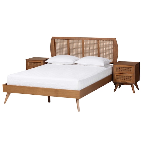 Baxton Studio Asami Mid-Century Modern Walnut Brown Finished Wood and Woven Rattan Queen Size 3-Piece Bedroom Set - 242-11117-9408-11298-11298-ZORO