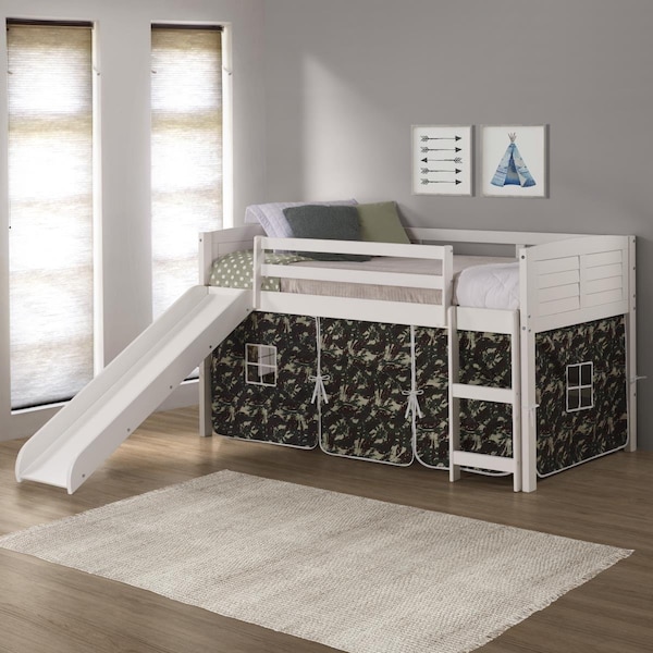 Kd Gabinetes PD-790ATW-C-785W Twin Size Louver Low Loft with Slide & Camo Tent in White - KD3168152