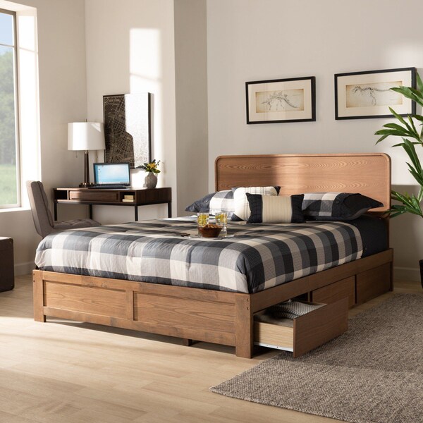 Baxton Studio Eleni Modern Ash Walnut Brown Finished Wood Queen Size 3-Drawer Storage Bed - 175-9429-9621-ZORO