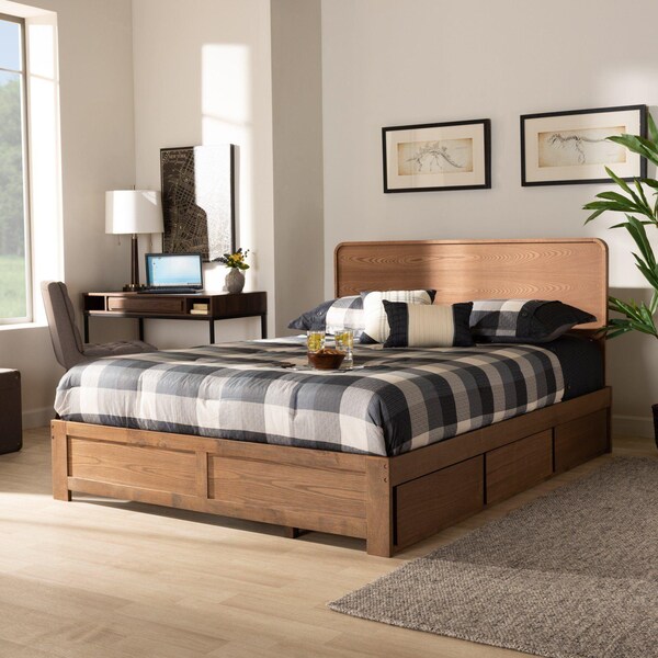 Baxton Studio Eleni Modern Ash Walnut Brown Finished Wood Queen Size 3-Drawer Storage Bed - 175-9429-9621-ZORO