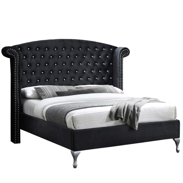 Kd Muebles De Dormitorio Cleopatra Crystal Tufted Velvet Platform Bed, Black - Full Size - KD2207726