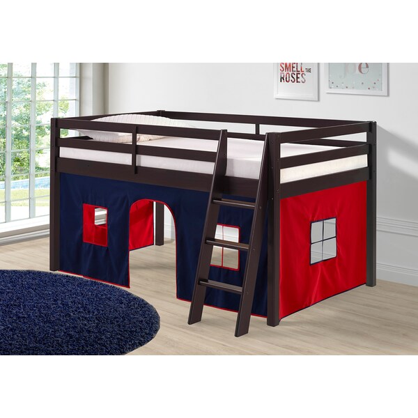 Alaterre Furniture Roxy Twin Wood Junior Loft Bed with Espresso with Blue and Red Bottom Tent - AJRX10P0ATBRE