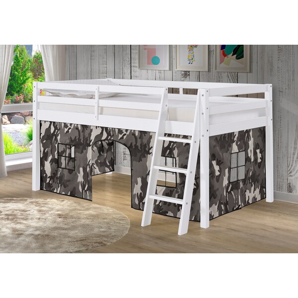 Alaterre Furniture Roxy Twin Wood Junior Loft Bed with White with Gray Camo Tent - AJRX10WHATCGY