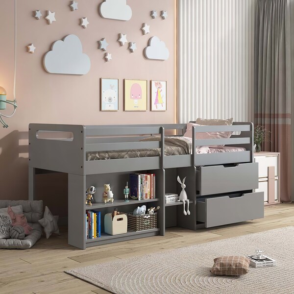 Acme Twin Loft Bed with Storage in Gray Finish - ER-0227GY