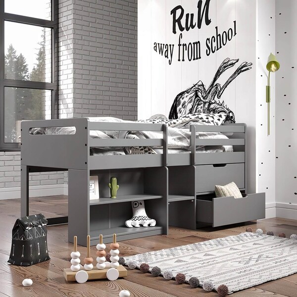 Acme Twin Loft Bed with Storage in Gray Finish - ER-0227GY