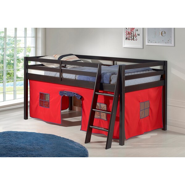 Alaterre Furniture Roxy Twin Wood Junior Loft Bed with Espresso with Red and Blue Bottom Tent - AJRX10P0ATRBL