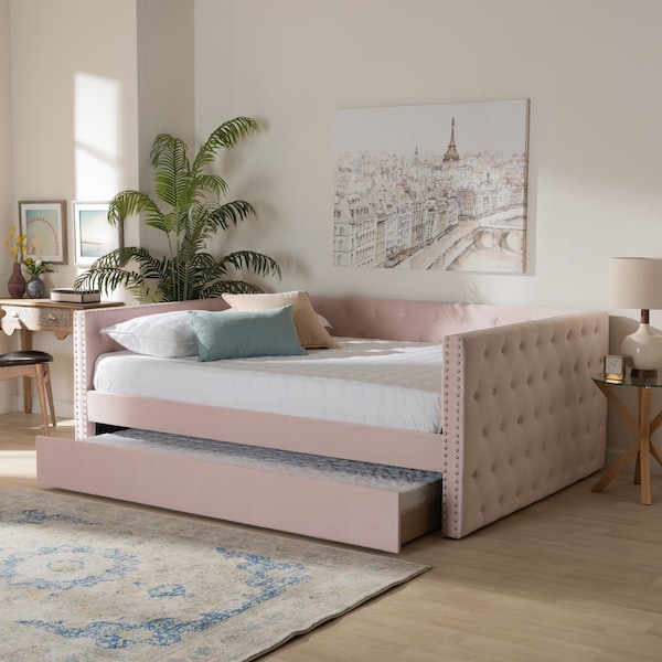 Baxton Studio Larkin Modern and Contemporary Pink Velvet Fabric Queen Size Daybed with Trundle - 187-11465-ZORO