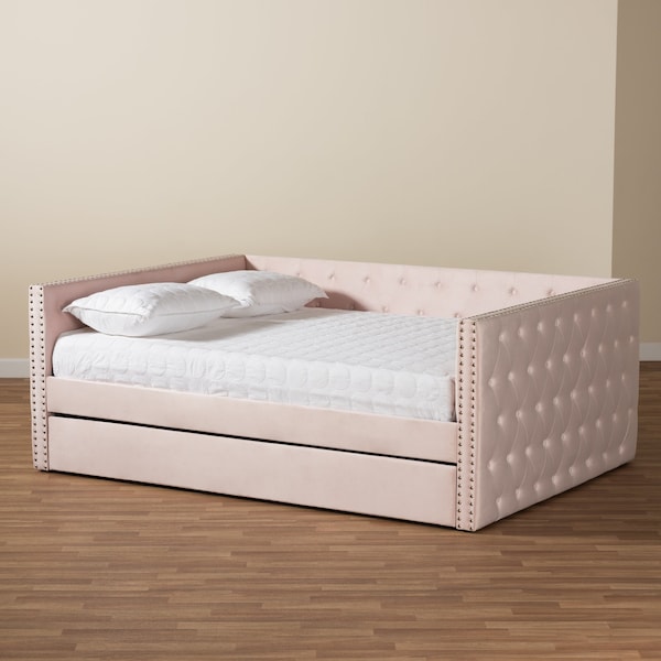 Baxton Studio Larkin Modern and Contemporary Pink Velvet Fabric Queen Size Daybed with Trundle - 187-11465-ZORO