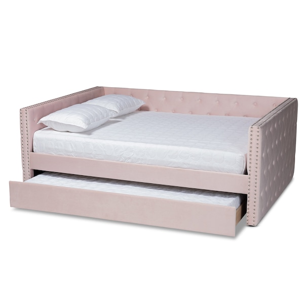 Baxton Studio Larkin Modern and Contemporary Pink Velvet Fabric Queen Size Daybed with Trundle - 187-11465-ZORO