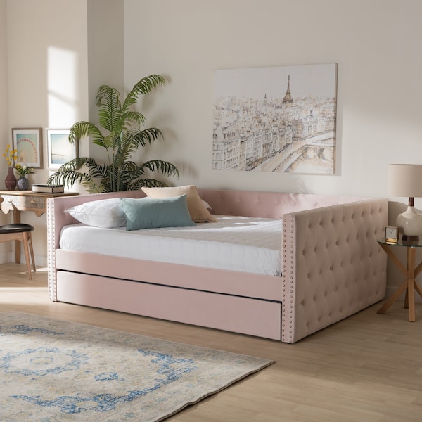 Baxton Studio Larkin Modern and Contemporary Pink Velvet Fabric Queen Size Daybed with Trundle - 187-11465-ZORO