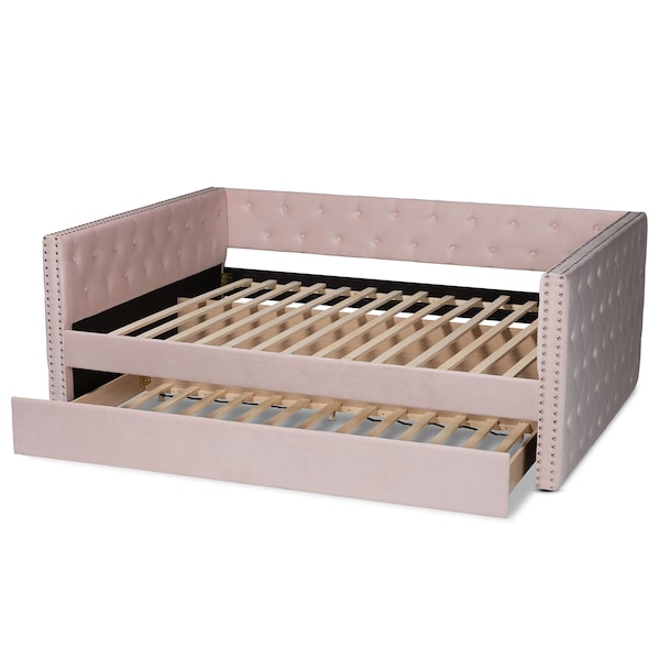 Baxton Studio Larkin Modern and Contemporary Pink Velvet Fabric Queen Size Daybed with Trundle - 187-11465-ZORO