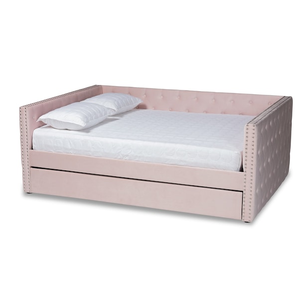 Baxton Studio Larkin Modern and Contemporary Pink Velvet Fabric Queen Size Daybed with Trundle - 187-11465-ZORO
