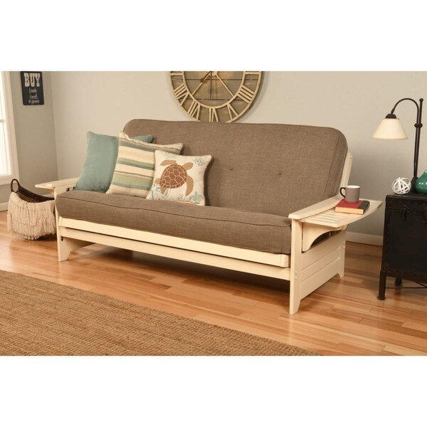 Kodiak Phoenix Antique White Futon Frame with Linen Stone Mattress - Full Size - KFPHAWLSTNLF5MD3
