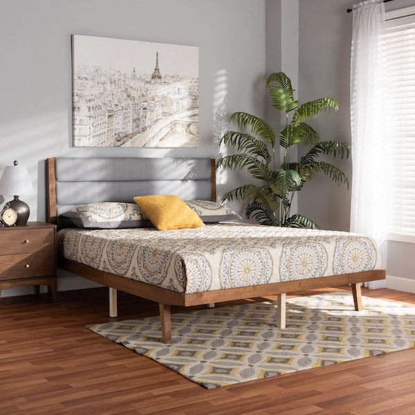 Baxton Studio Jarlan ModernGrey Fabric Upholstered and Walnut Brown Finished Wood Platform Bed-Full - 197-11579-ZORO