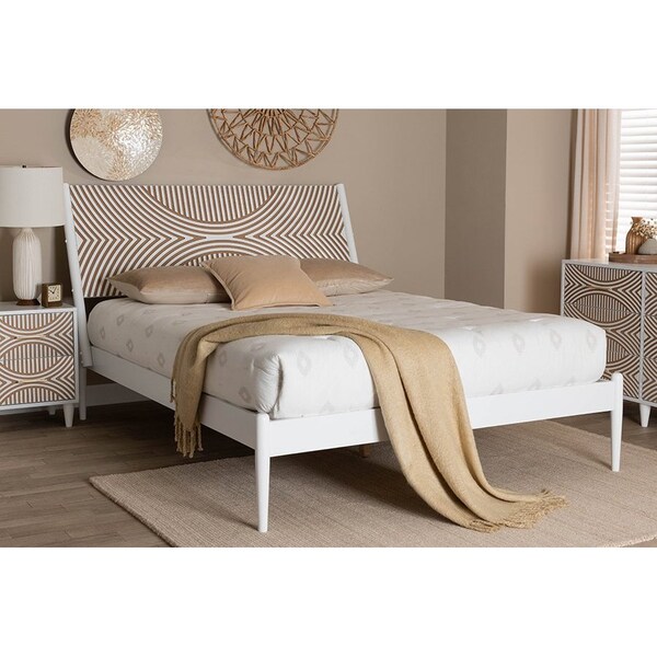 Baxton Studio Louetta Coastal White Queen Size Platform Bed with Carved Contrasting Headboard - 246-13621-ZORO