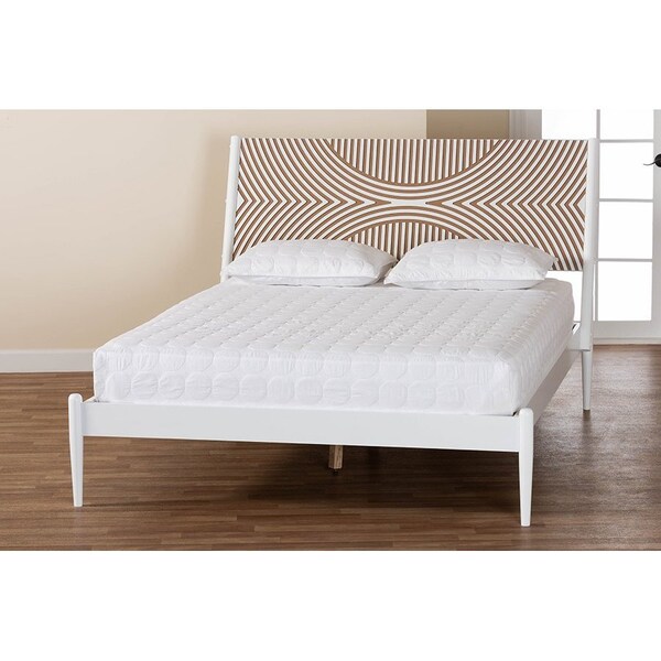 Baxton Studio Louetta Coastal White Queen Size Platform Bed with Carved Contrasting Headboard - 246-13621-ZORO