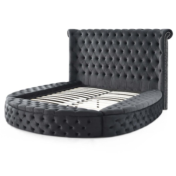 Better Home Products Elizabeth Upholstered Round Storage King Size Bed, Black - ELIZ-60-ROUND-BLK