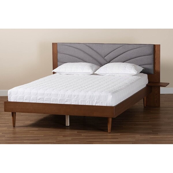 Baxton Studio Hemera Mid-Century Modern Grey Fabric and Wood Queen Size Platform Bed With Floating Side Table - 246-13548-ZORO
