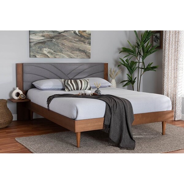 Baxton Studio Hemera Mid-Century Modern Grey Fabric and Wood Queen Size Platform Bed With Floating Side Table - 246-13548-ZORO