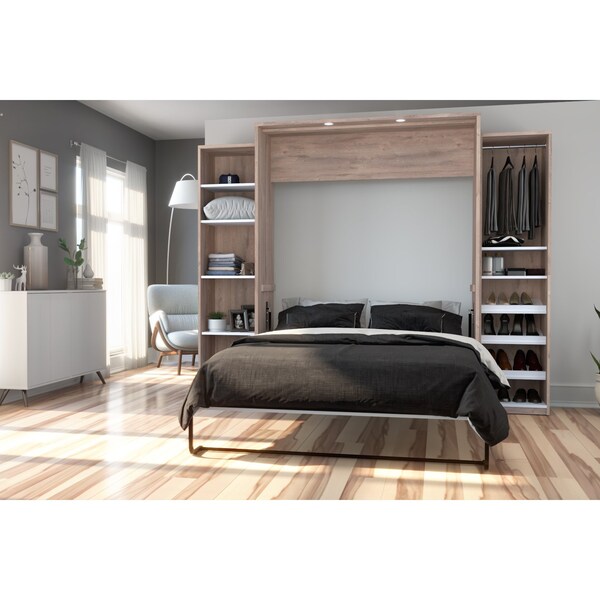 Bestar Cielo 105W Queen Murphy Bed with 2 Narrow Shelving Units (104W), Rustic Brown & White - 80886-000009
