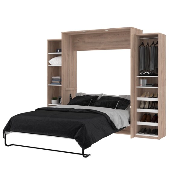 Bestar Cielo 105W Queen Murphy Bed with 2 Narrow Shelving Units (104W), Rustic Brown & White - 80886-000009