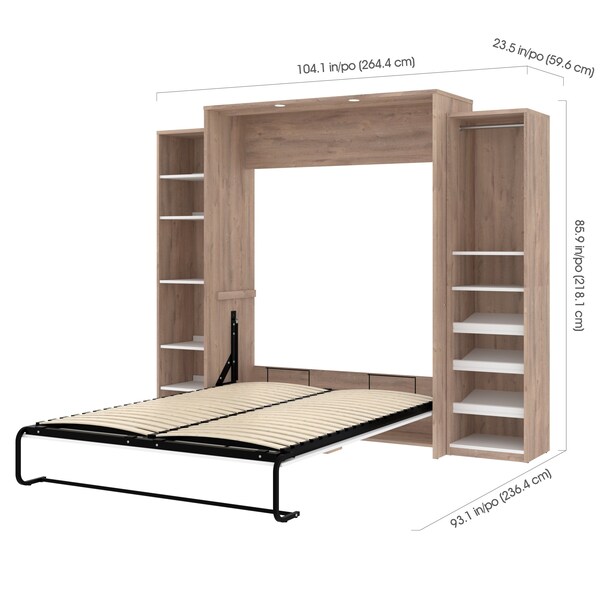 Bestar Cielo 105W Queen Murphy Bed with 2 Narrow Shelving Units (104W), Rustic Brown & White - 80886-000009