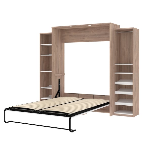 Bestar Cielo 105W Queen Murphy Bed with 2 Narrow Shelving Units (104W), Rustic Brown & White - 80886-000009
