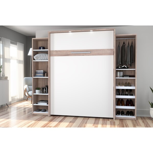 Bestar Cielo 105W Queen Murphy Bed with 2 Narrow Shelving Units (104W), Rustic Brown & White - 80886-000009
