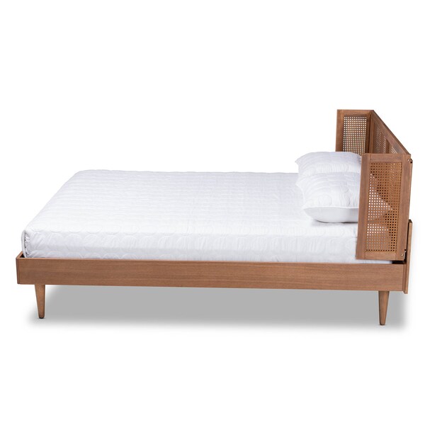 Baxton Studio Rina Walnut Finished and Rattan Full Size Platform Bed with Headboard - 159-9812-9813