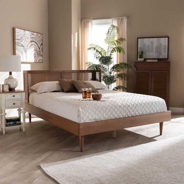 Baxton Studio Rina Walnut Finished and Rattan Full Size Platform Bed with Headboard - 159-9812-9813