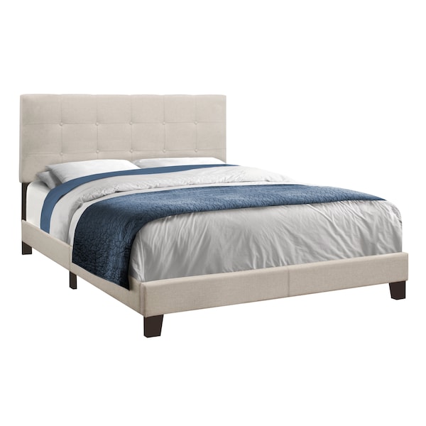 Monarch Specialties Bed, Queen Size, Platform, Bedroom, Frame, Upholstered, Linen Look, Wood Legs, Beige, Black - I 5921Q