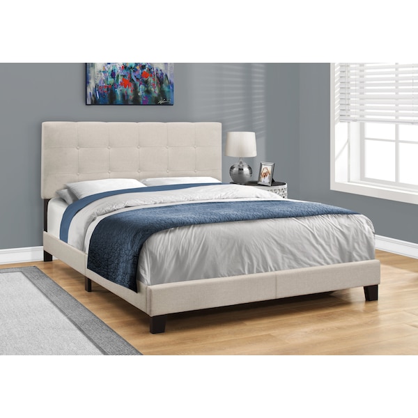 Monarch Specialties Bed, Queen Size, Platform, Bedroom, Frame, Upholstered, Linen Look, Wood Legs, Beige, Black - I 5921Q