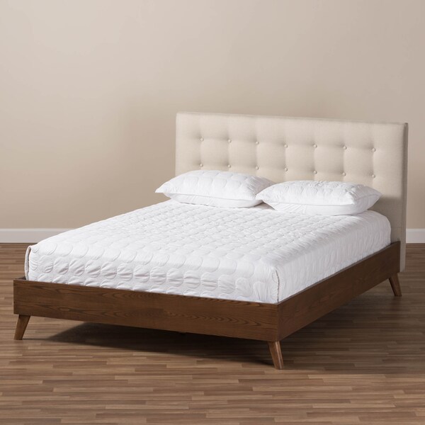 Baxton Studio Alinia Beige Upholstered Walnut Wood King Size Platform Bed - 146-8170