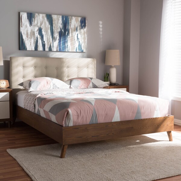 Baxton Studio Alinia Beige Upholstered Walnut Wood King Size Platform Bed - 146-8170