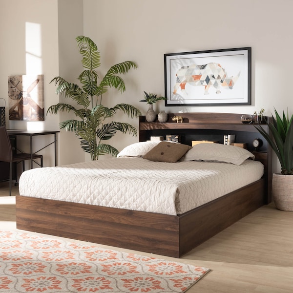 Baxton Studio Christopher Walnut Finished Wood Queen Size Platform Bed with Shelves - 164-10514