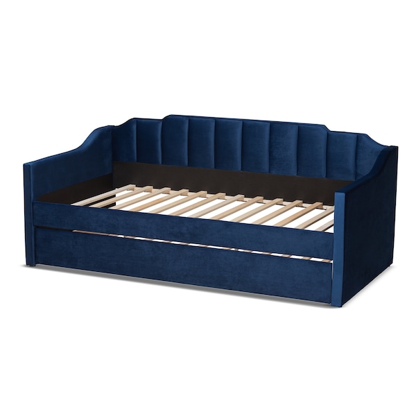 Baxton Studio Lennon Modern and Contemporary Navy Blue Velvet Fabric Twin Size Daybed with Trundle - 186-11466-ZORO