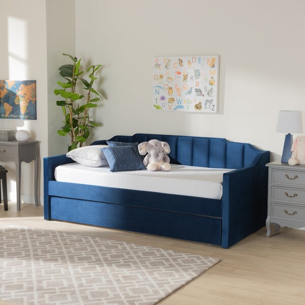 Baxton Studio Lennon Modern and Contemporary Navy Blue Velvet Fabric Twin Size Daybed with Trundle - 186-11466-ZORO