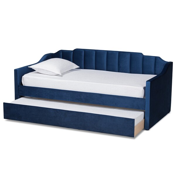Baxton Studio Lennon Modern and Contemporary Navy Blue Velvet Fabric Twin Size Daybed with Trundle - 186-11466-ZORO