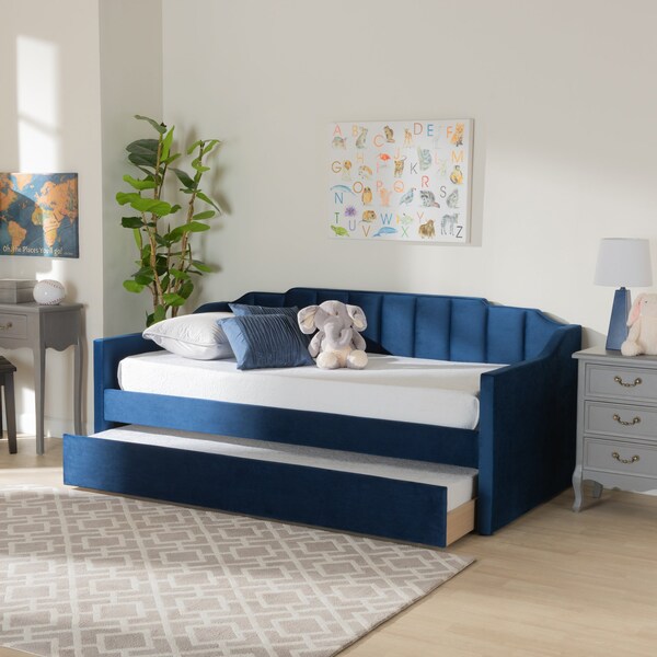 Baxton Studio Lennon Modern and Contemporary Navy Blue Velvet Fabric Twin Size Daybed with Trundle - 186-11466-ZORO