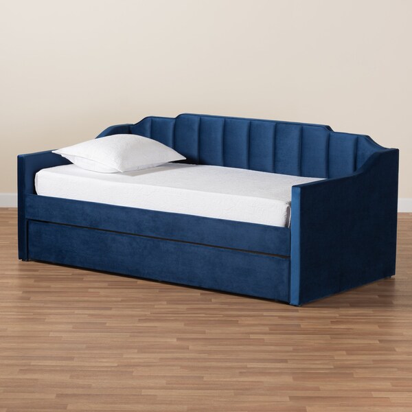 Baxton Studio Lennon Modern and Contemporary Navy Blue Velvet Fabric Twin Size Daybed with Trundle - 186-11466-ZORO