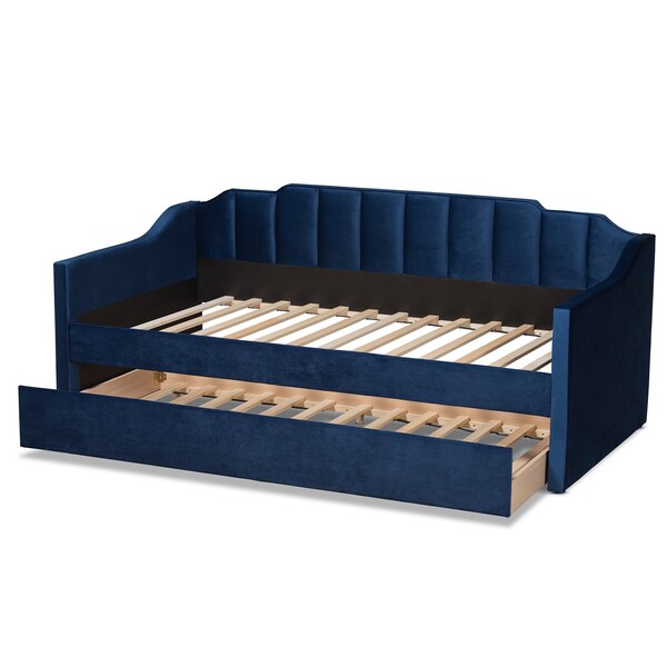 Baxton Studio Lennon Modern and Contemporary Navy Blue Velvet Fabric Twin Size Daybed with Trundle - 186-11466-ZORO