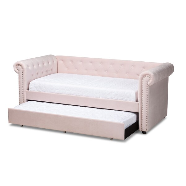 Baxton Studio Mabelle Light Pink Velvet Upholstered Daybed with Trundle - 154-9395