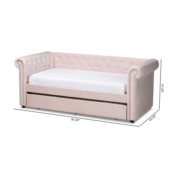 Baxton Studio Mabelle Light Pink Velvet Upholstered Daybed with Trundle - 154-9395