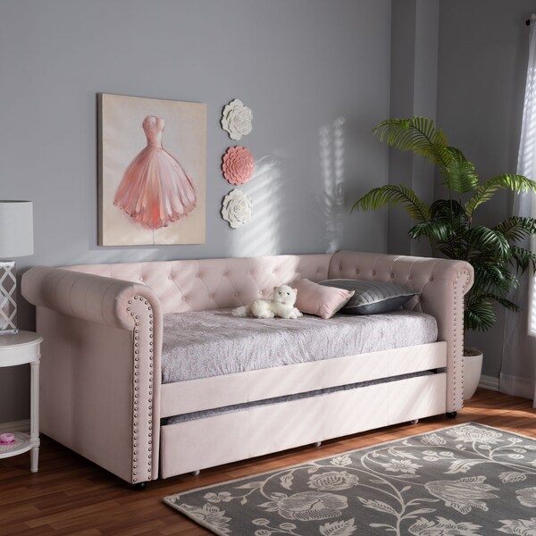 Baxton Studio Mabelle Light Pink Velvet Upholstered Daybed with Trundle - 154-9395