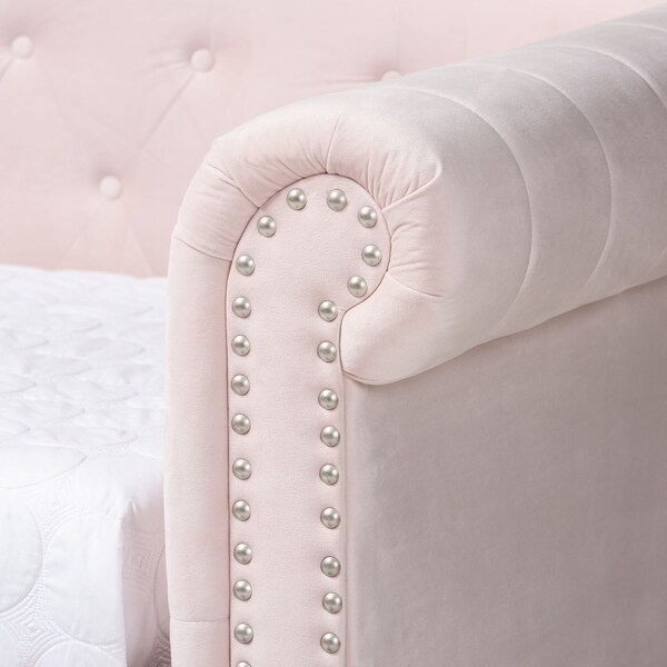 Baxton Studio Mabelle Light Pink Velvet Upholstered Daybed with Trundle - 154-9395