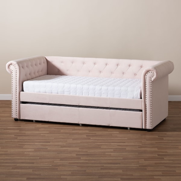 Baxton Studio Mabelle Light Pink Velvet Upholstered Daybed with Trundle - 154-9395