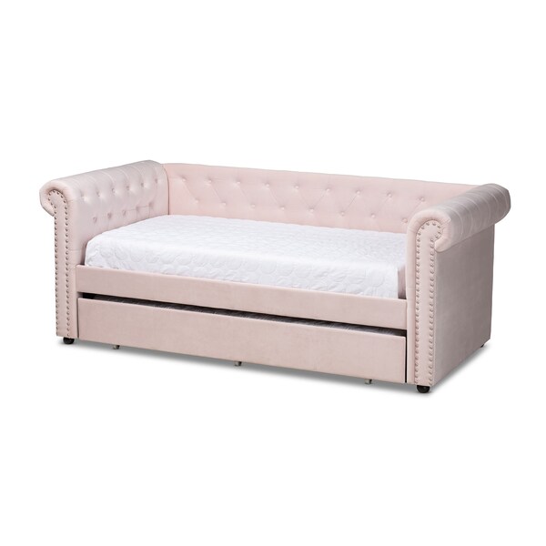 Baxton Studio Mabelle Light Pink Velvet Upholstered Daybed with Trundle - 154-9395