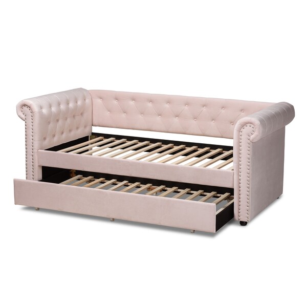 Baxton Studio Mabelle Light Pink Velvet Upholstered Daybed with Trundle - 154-9395