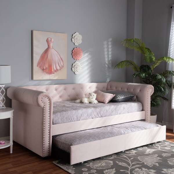 Baxton Studio Mabelle Light Pink Velvet Upholstered Daybed with Trundle - 154-9395