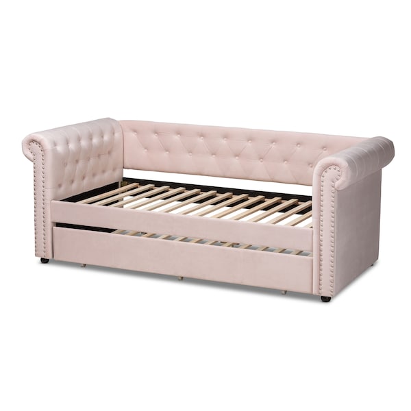 Baxton Studio Mabelle Light Pink Velvet Upholstered Daybed with Trundle - 154-9395